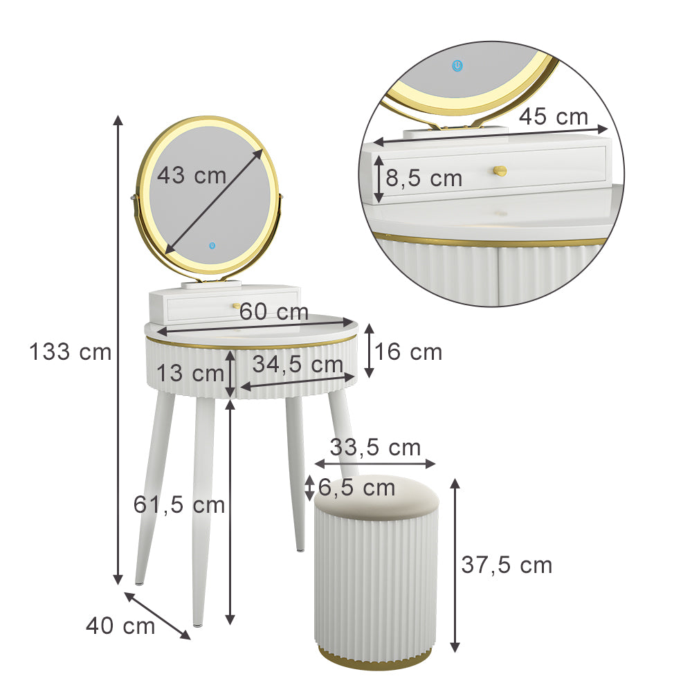 Vicco Tavolo da toilette Bianco 60 cm con specchio a LED in 3 tonalità di bianco, dimmerabile