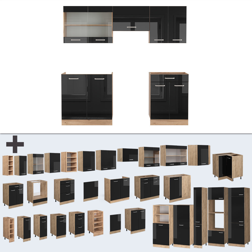 Vicco Cucina componibile Rovere nero/oro lucido 200 cm senza piano di lavoro
