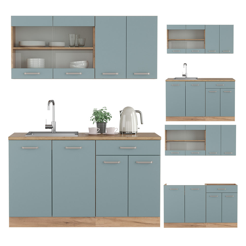 Vicco Cucina monoblocco Rovere blu-grigio/oro 140 cm , PL Rovere