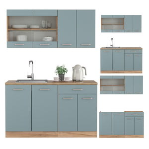 Vicco Cucina monoblocco Rovere blu-grigio/oro 140 cm , PL Marmo