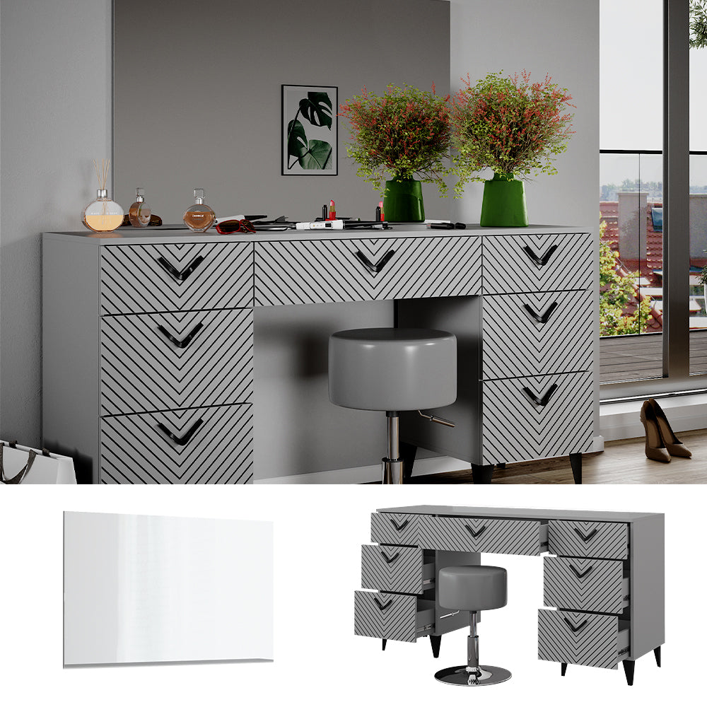 Vicco Tavolo da toeletta Grigio 150 cm con sgabello