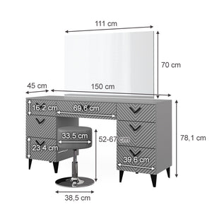 Vicco Tavolo da toeletta Grigio 150 cm con sgabello