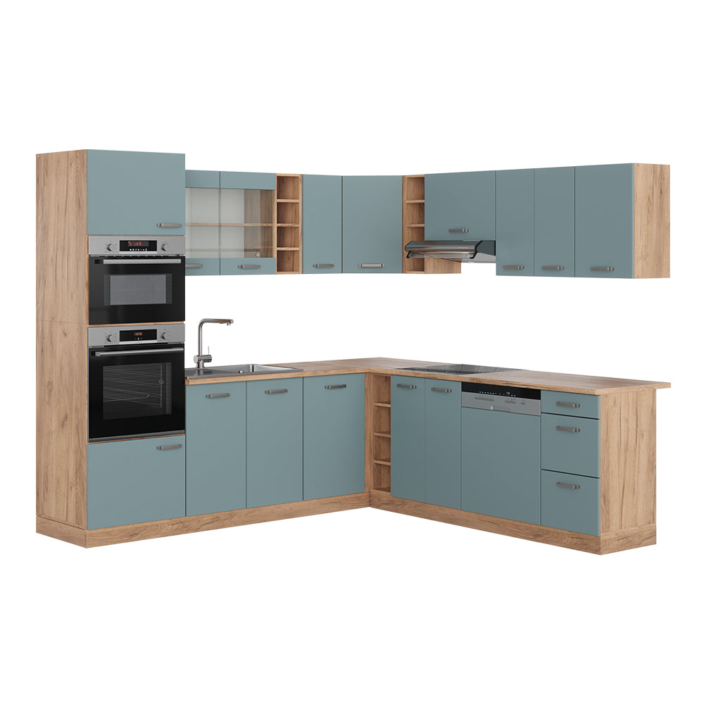 Vicco Cucina angolare completa Rovere blu-grigio/oro 237 x 60 cm senza piano di lavoro