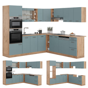 Vicco Cucina angolare completa Rovere blu-grigio/oro 237 x 60 cm senza piano di lavoro