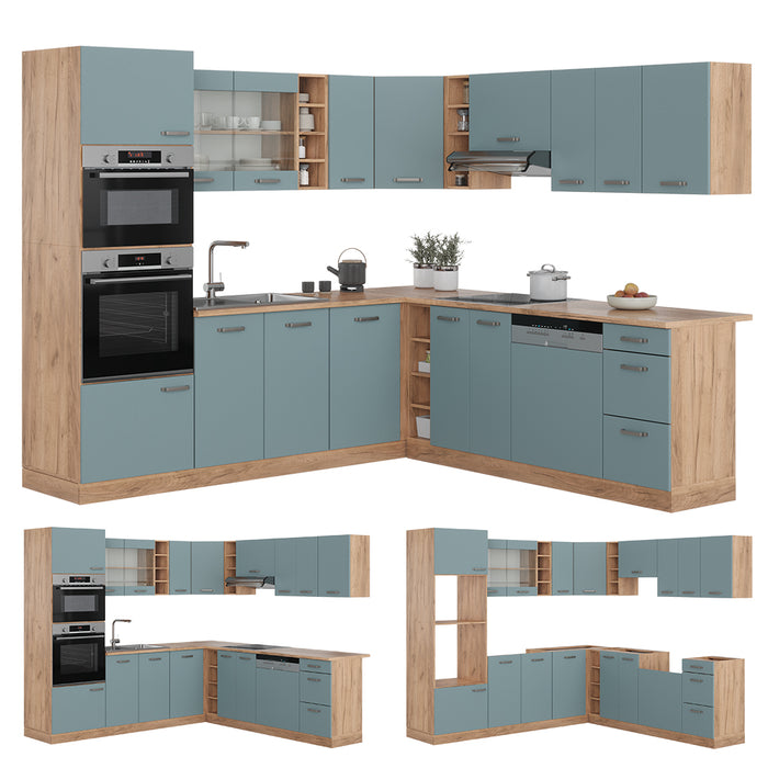 Vicco Cucina angolare completa Rovere blu-grigio/oro 237 x 60 cm senza piano di lavoro