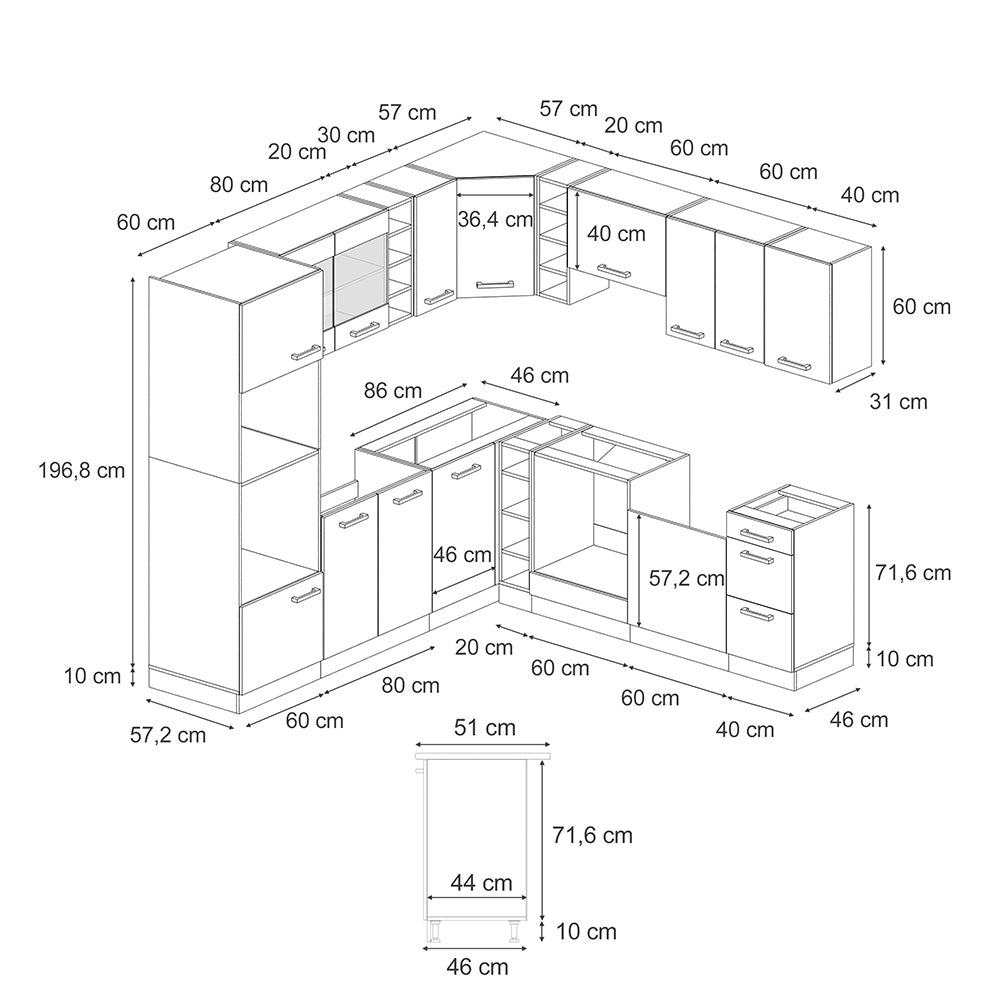 Vicco Cucina angolare completa Nero lucido/bianco 237 x 247 cm , PL Rovere
