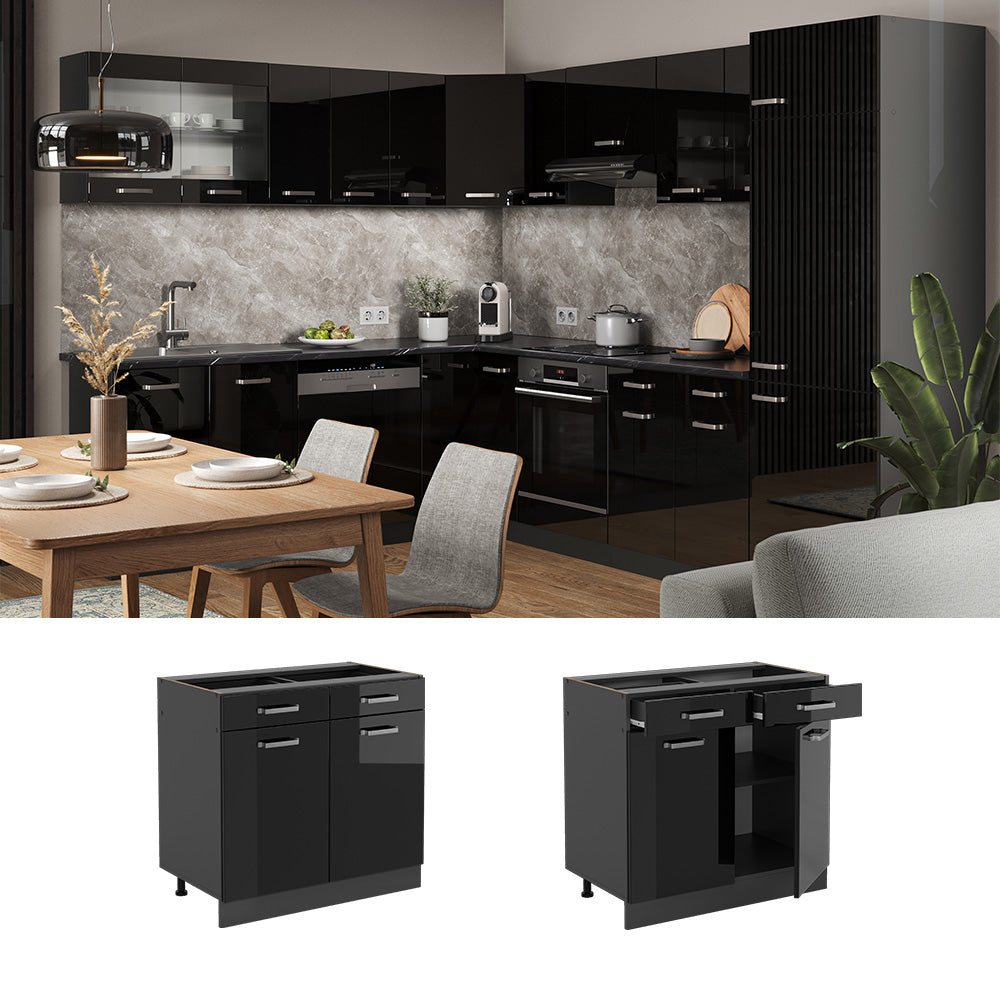 Vicco Mobiletto base per cucina Nero lucido 80 cm , PL Rovere