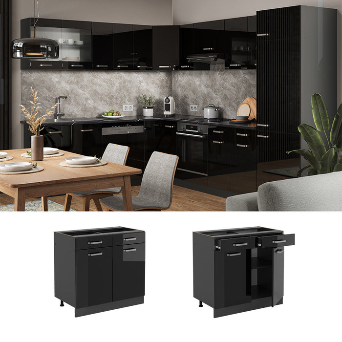 Vicco Mobiletto base per cucina Nero lucido 80 cm , PL Rovere