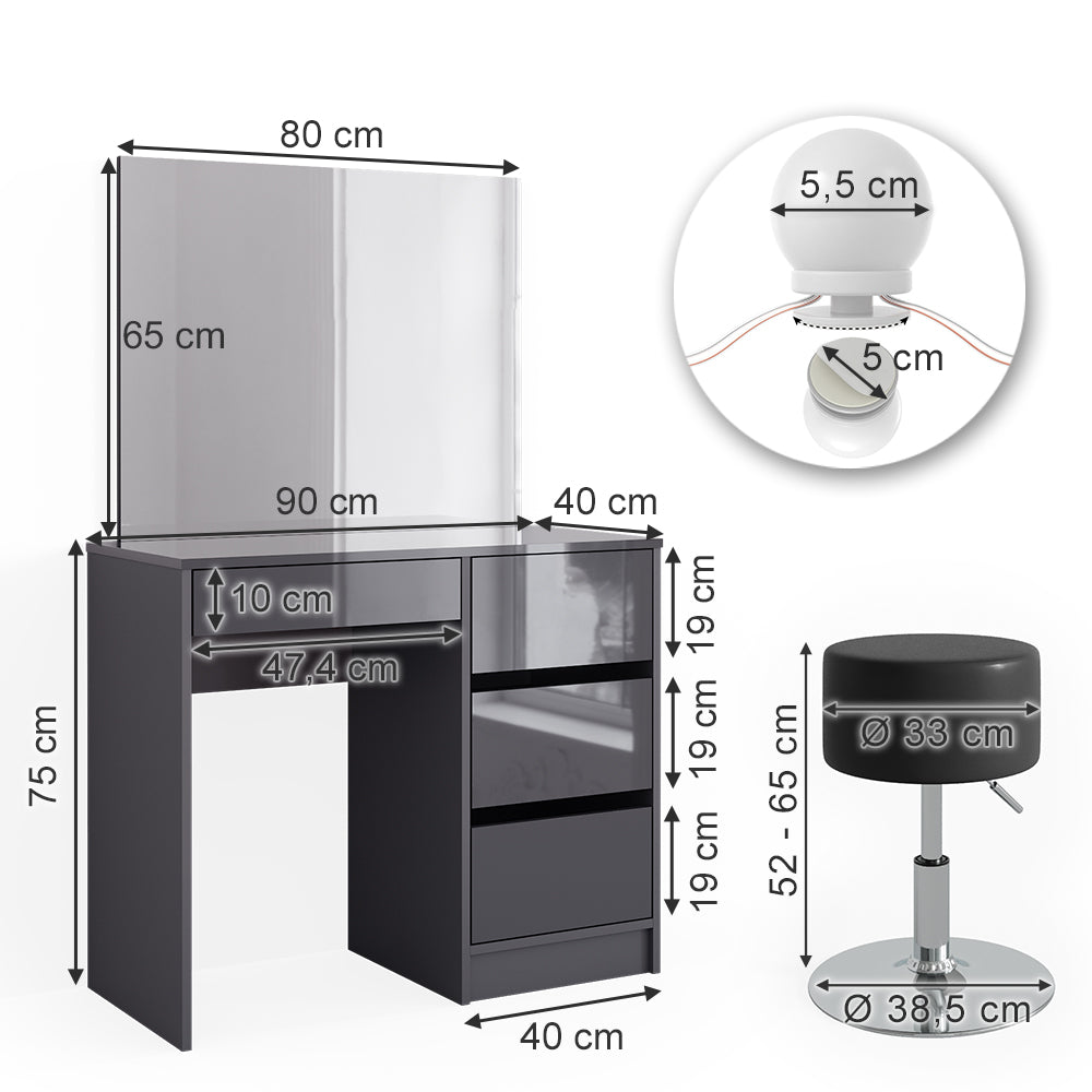 Vicco Tavolo da toeletta Antracite 40 cm con illuminazione a LED e sgabello