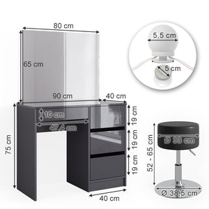 Vicco Tavolo da toeletta Antracite 40 cm con illuminazione a LED e sgabello