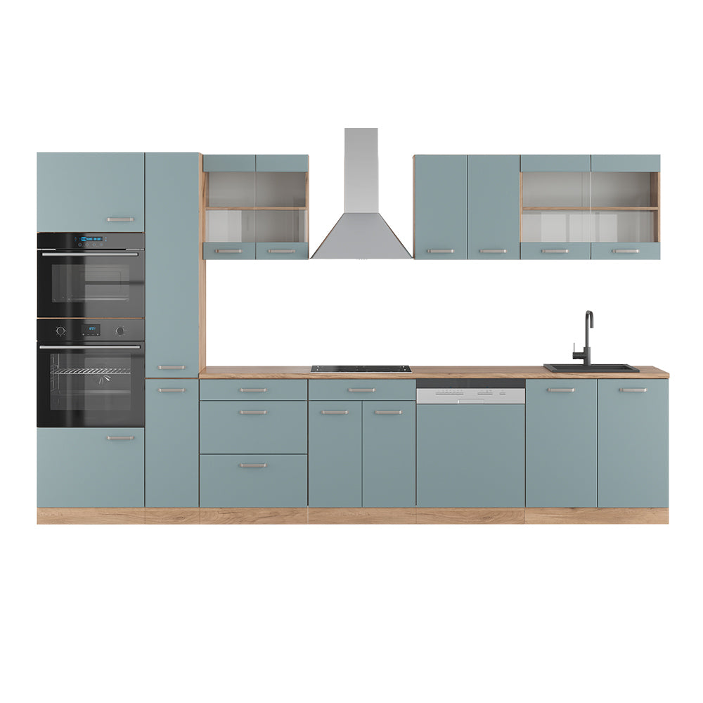 Vicco Cucina Rovere blu-grigio/oro 350 cm con armadio alto, senza piano di lavoro