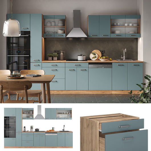 Vicco Cucina Rovere blu-grigio/oro 350 cm con armadio alto, senza piano di lavoro