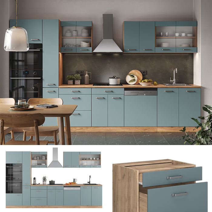 Vicco Cucina Rovere blu-grigio/oro 350 cm con armadio alto, senza piano di lavoro