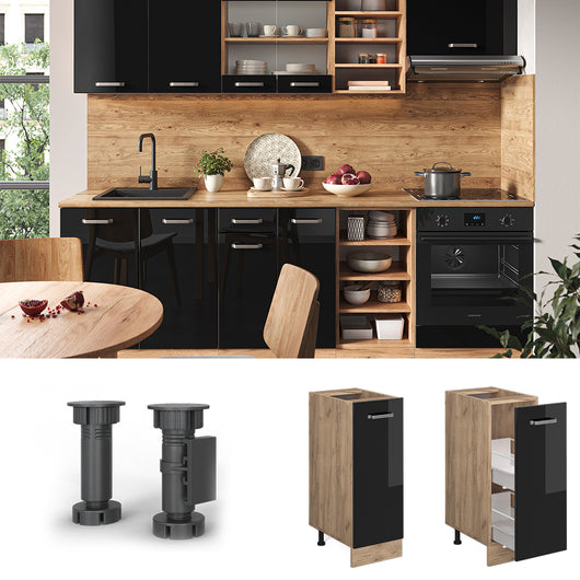 Vicco Armadio cucina dispensa alto Nero lucido 30 cm , PL Rovere