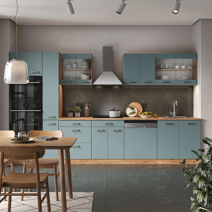 Vicco Cucina Rovere blu-grigio/oro 350 cm con armadio alto, senza piano di lavoro