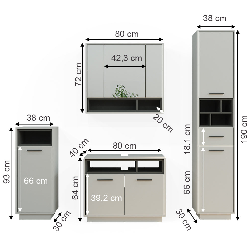 Vicco Set di mobili da bagno Grigio 4 parti