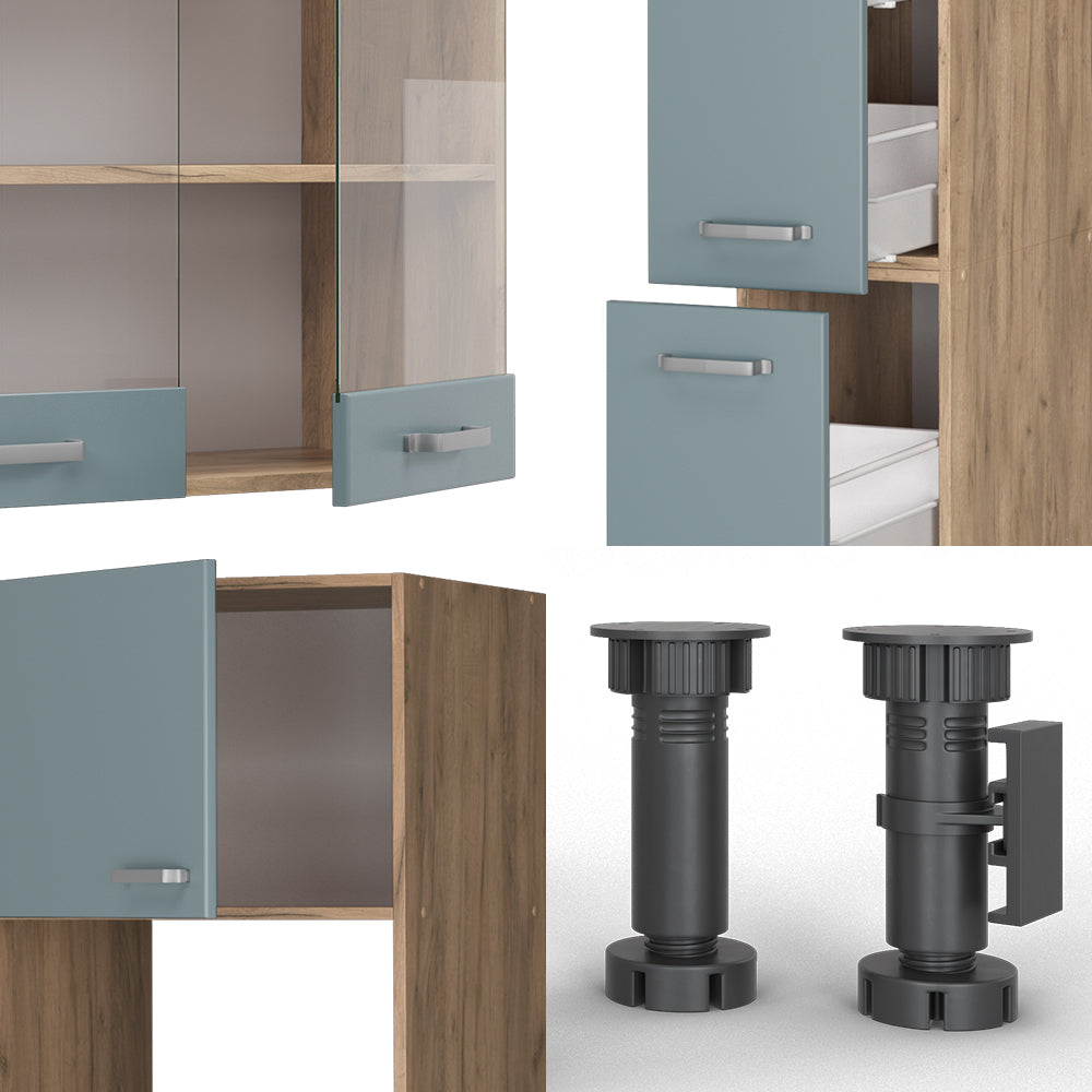 Vicco Cucina Rovere blu-grigio/oro 350 cm con armadio alto, senza piano di lavoro