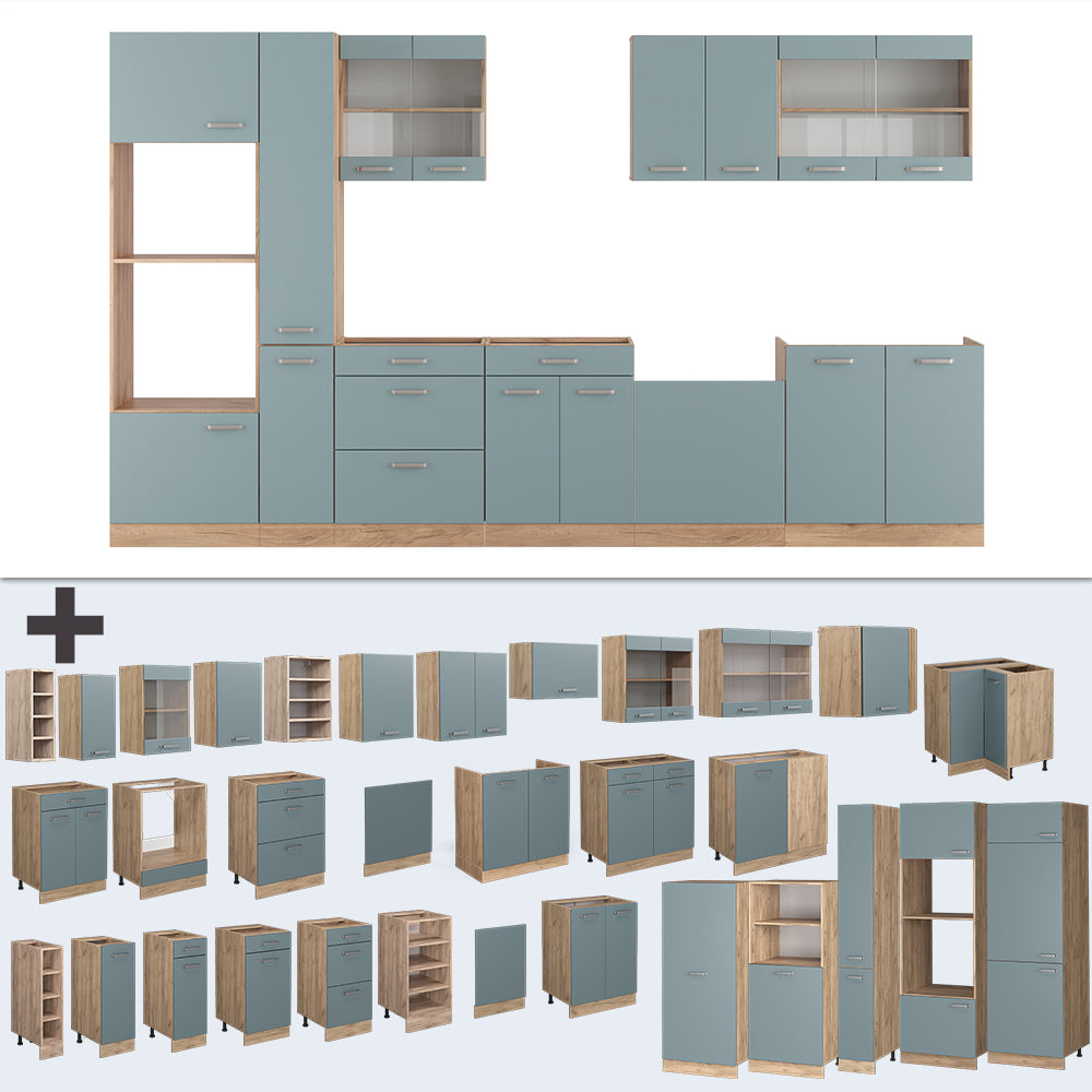Vicco Cucina Rovere blu-grigio/oro 350 cm con armadio alto, senza piano di lavoro