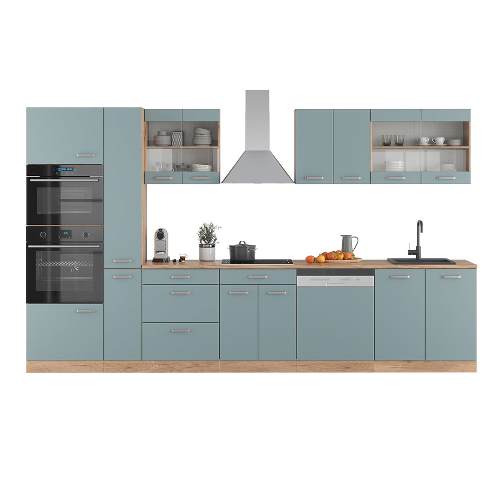 Vicco Cucina Rovere blu-grigio/oro 350 cm con armadio alto, senza piano di lavoro