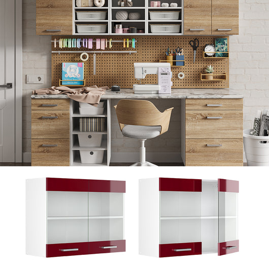 Vicco Pensile universale Rosso bordeaux lucido 80 cm con ante in vetro