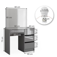 Vicco Tavolo da toeletta Grigio 90 cm con illuminazione a LED e sgabello