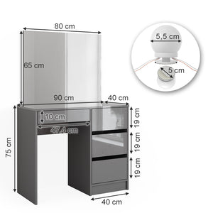 Vicco Tavolo da toeletta Grigio 90 cm con illuminazione a LED e sgabello