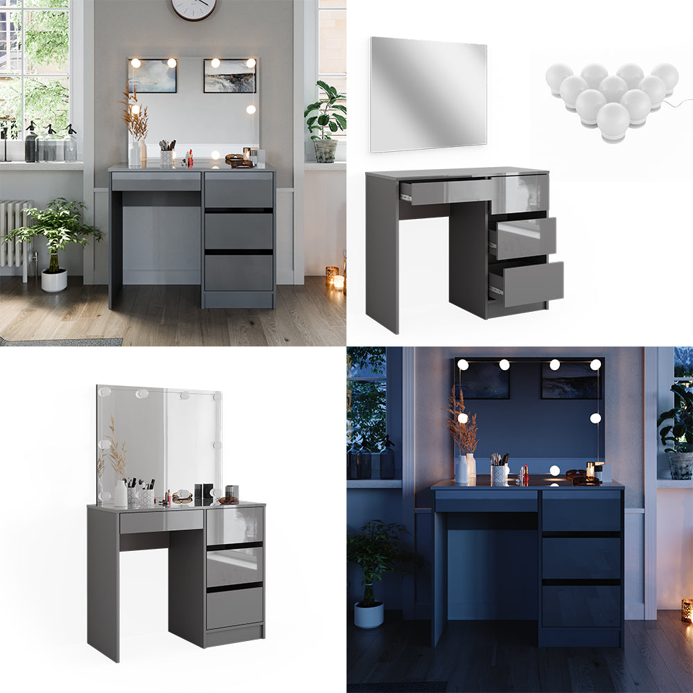Vicco Tavolo da toeletta Grigio 90 cm con illuminazione a LED e sgabello
