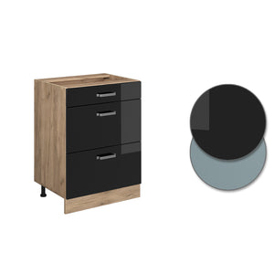 Vicco Mobiletto base per cucina Nero lucido 60 cm con cassetti, PL Rovere