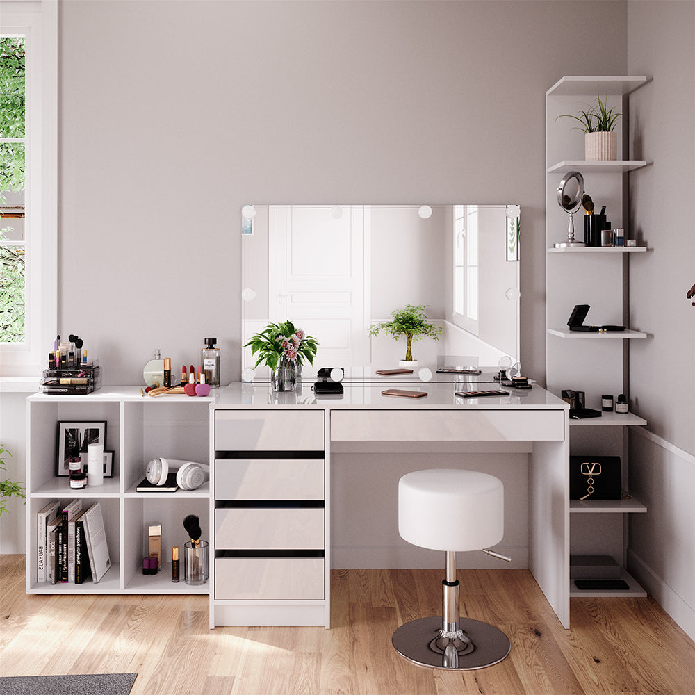 Vicco Tavolino da toilette Bianco 5 pezzi, con ripiano portaoggetti, ripiano in piedi, specchio, sgabello, LED