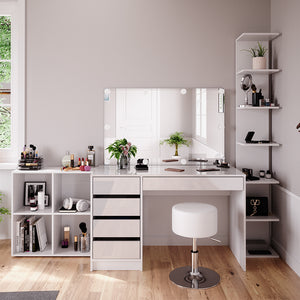 Vicco Tavolino da toilette Bianco 5 pezzi, con ripiano portaoggetti, ripiano in piedi, specchio, sgabello, LED