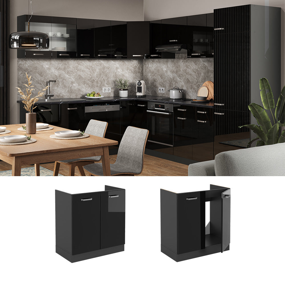 Vicco Mobile lavello cucina Nero lucido 80 cm , PL Rovere