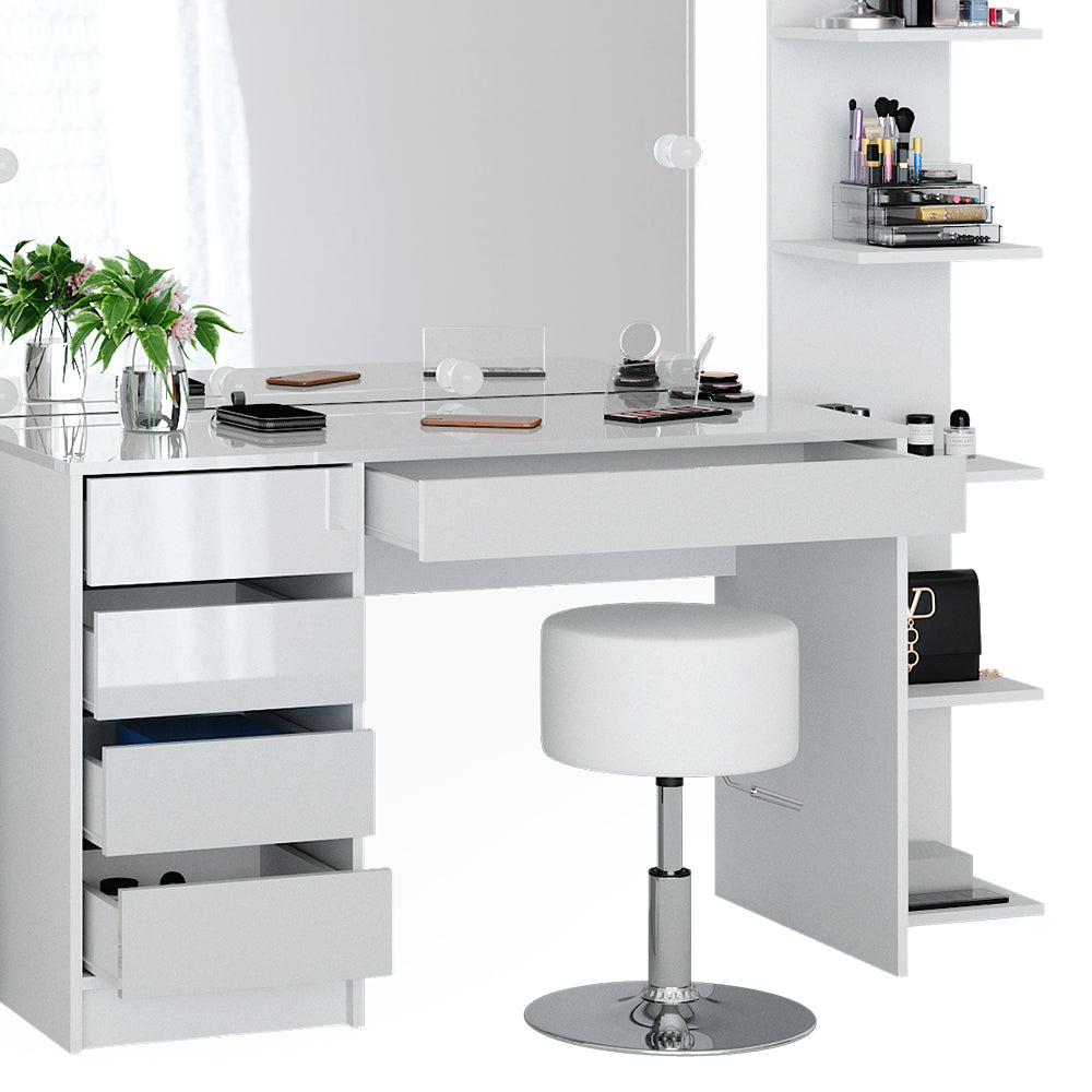 Vicco Tavolino da toilette Bianco 5 pezzi, con ripiano portaoggetti, ripiano in piedi, specchio, sgabello, LED