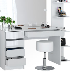 Vicco Tavolino da toilette Bianco 5 pezzi, con ripiano portaoggetti, ripiano in piedi, specchio, sgabello, LED