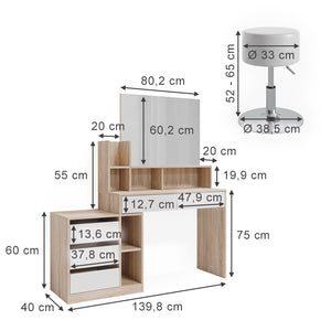 Vicco Tavolo da toilette Bianco/Sonoma 139.8 cm con sgabello