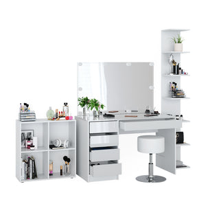 Vicco Tavolino da toilette Bianco 5 pezzi, con ripiano portaoggetti, ripiano in piedi, specchio, sgabello, LED