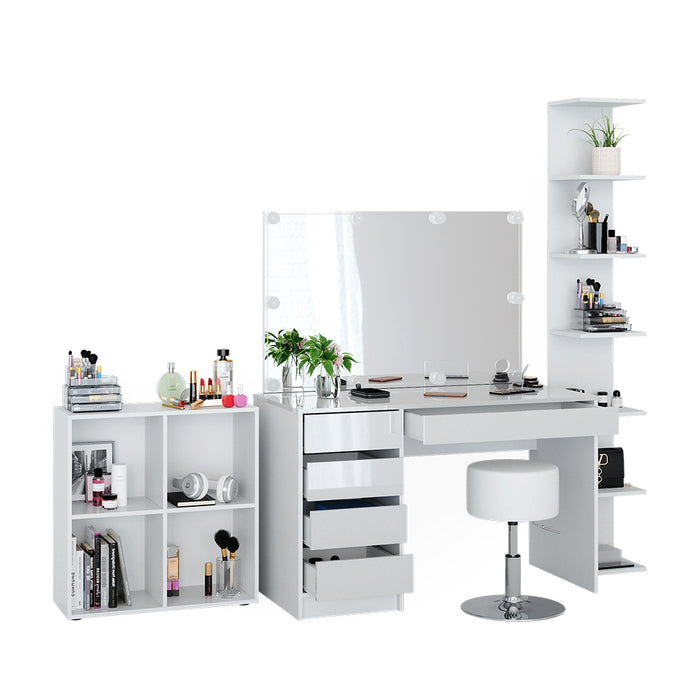 Vicco Tavolino da toilette Bianco 5 pezzi, con ripiano portaoggetti, ripiano in piedi, specchio, sgabello, LED