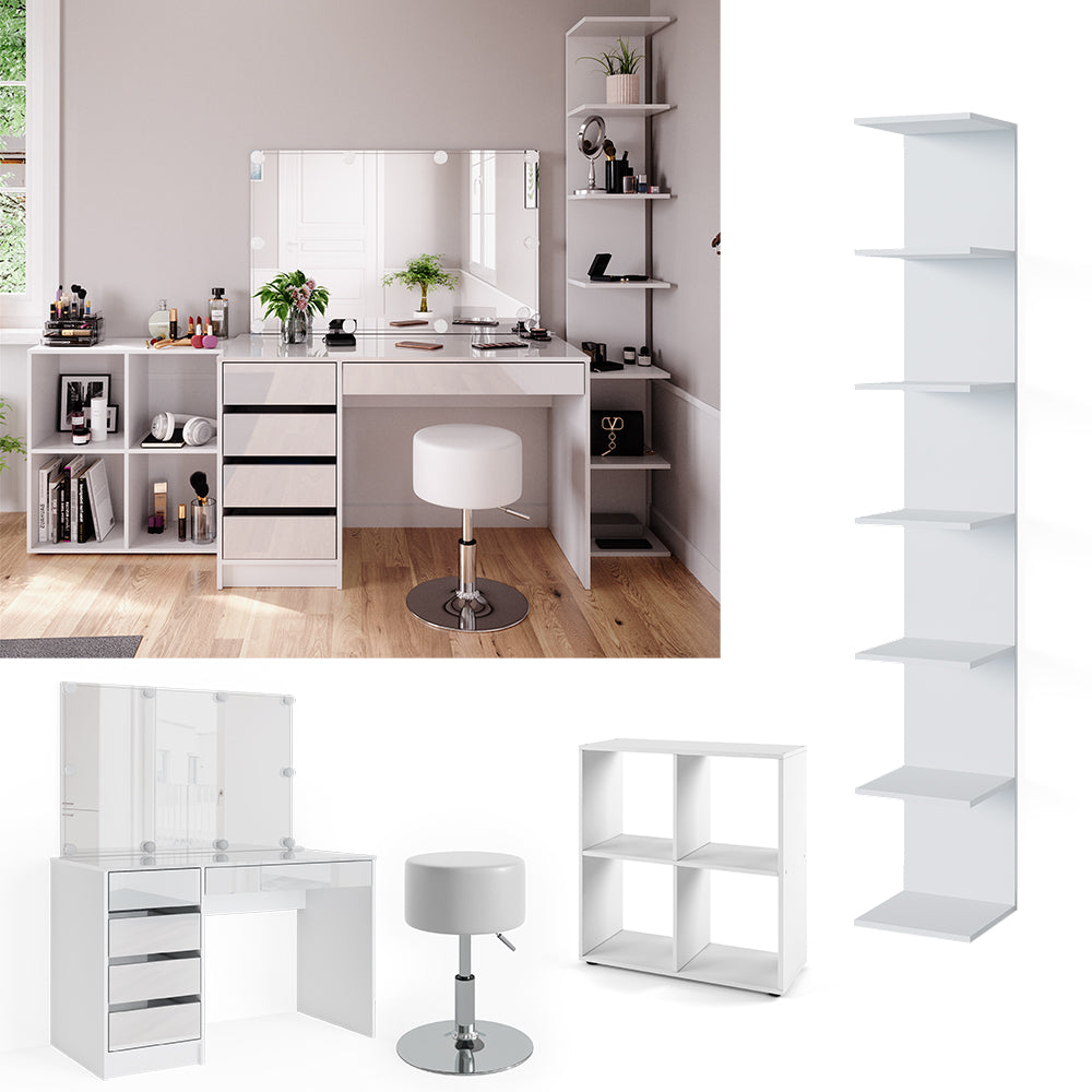Vicco Tavolino da toilette Bianco 5 pezzi, con ripiano portaoggetti, ripiano in piedi, specchio, sgabello, LED