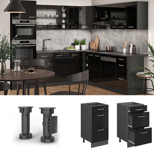 Vicco Mobiletto base per cucina Nero lucido 40 cm con cassetti, senza piano di lavoro