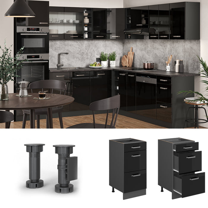 Vicco Mobiletto base per cucina Nero lucido 40 cm con cassetti, senza piano di lavoro