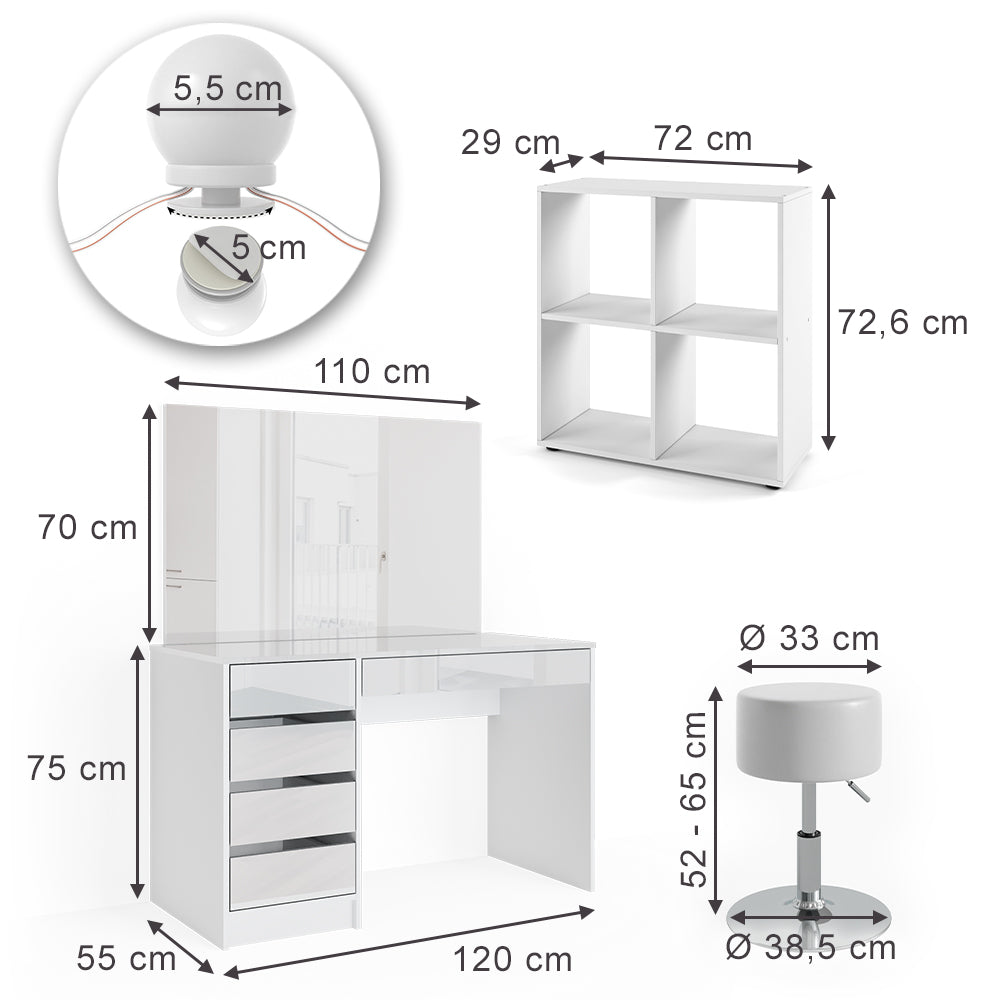 Vicco Tavolino da toilette Bianco 120 cm 4 parti, con scaffale, specchio, sgabello, LED