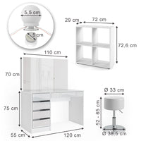Vicco Tavolino da toilette Bianco 120 cm 4 parti, con scaffale, specchio, sgabello, LED