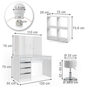 Vicco Tavolino da toilette Bianco 120 cm 4 parti, con scaffale, specchio, sgabello, LED
