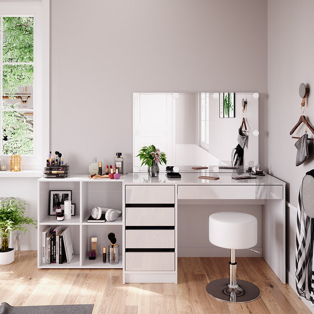 Vicco Tavolino da toilette Bianco 120 cm 4 parti, con scaffale, specchio, sgabello, LED