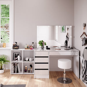 Vicco Tavolino da toilette Bianco 120 cm 4 parti, con scaffale, specchio, sgabello, LED