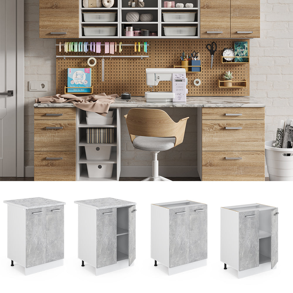 Vicco Base universale Calcestruzzo 60 cm con ante, con piano di lavoro