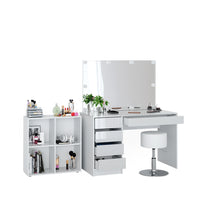 Vicco Tavolino da toilette Bianco 120 cm 4 parti, con scaffale, specchio, sgabello, LED