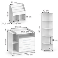 Vicco Set di mobili per bambini Bianco 3 parti, con fasciatoio, scaffale per giocattoli e libreria