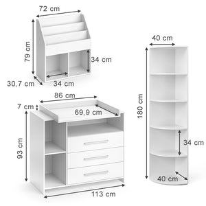 Vicco Set di mobili per bambini Bianco 3 parti, con fasciatoio, scaffale per giocattoli e libreria