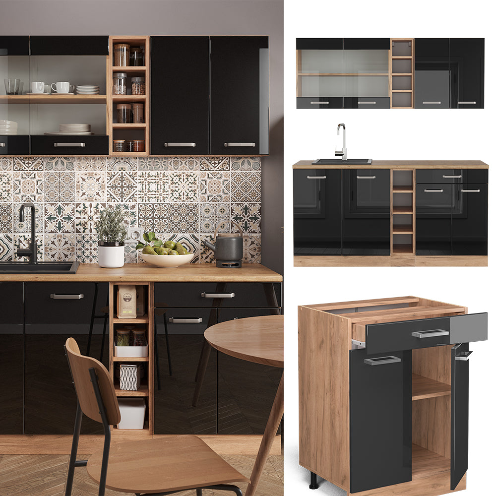 Vicco Cucina completa Rovere nero/oro lucido 160 cm , PL Rovere