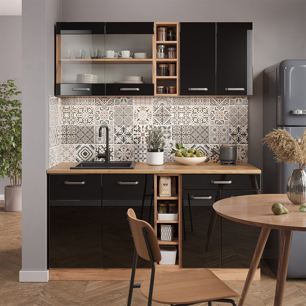 Vicco Cucina completa Rovere nero/oro lucido 160 cm , PL Marmo
